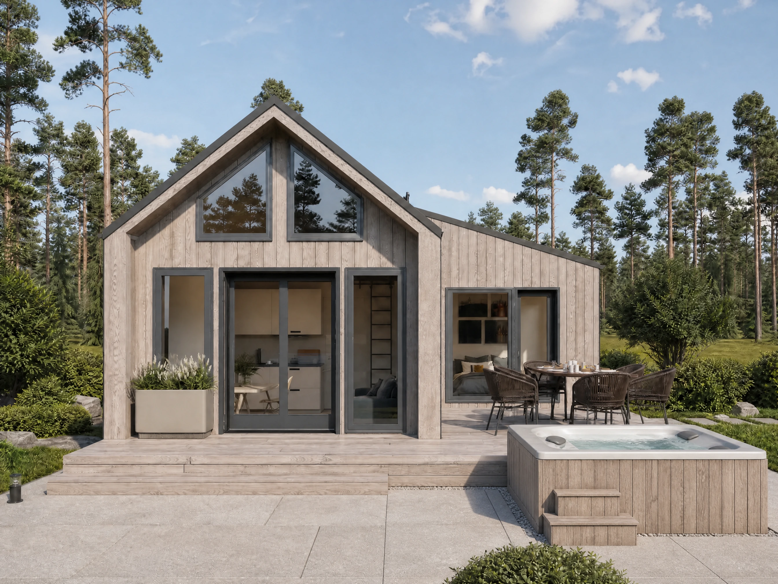 Visualisierung eines Holzchalets im Naturgarten am Waldrand