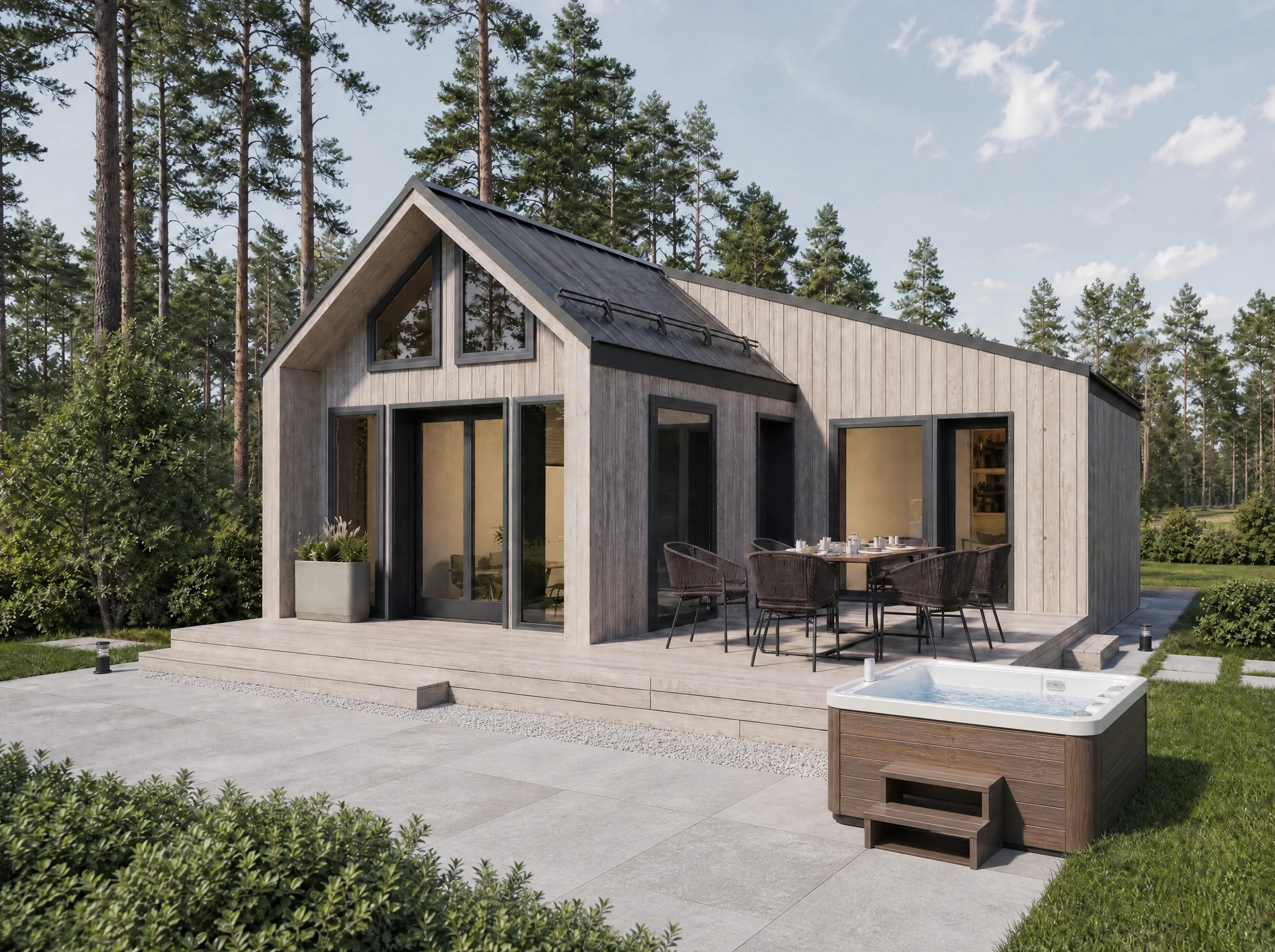 Visualisierung eines freistehenden Chalets mit Terrasse am Waldrand