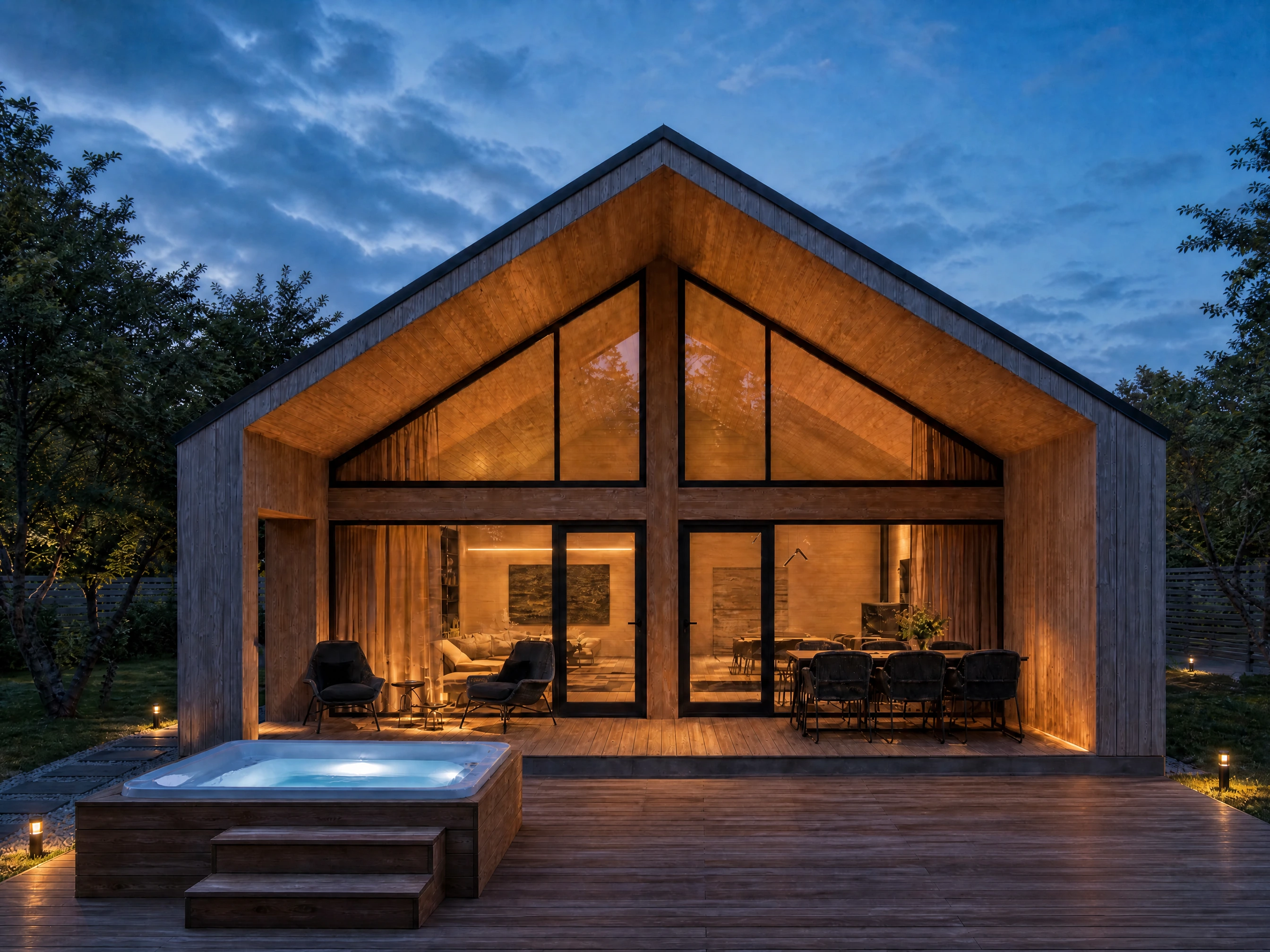 Visualisierung des Grand Chalets am Abend mit beleuchteter Terrasse