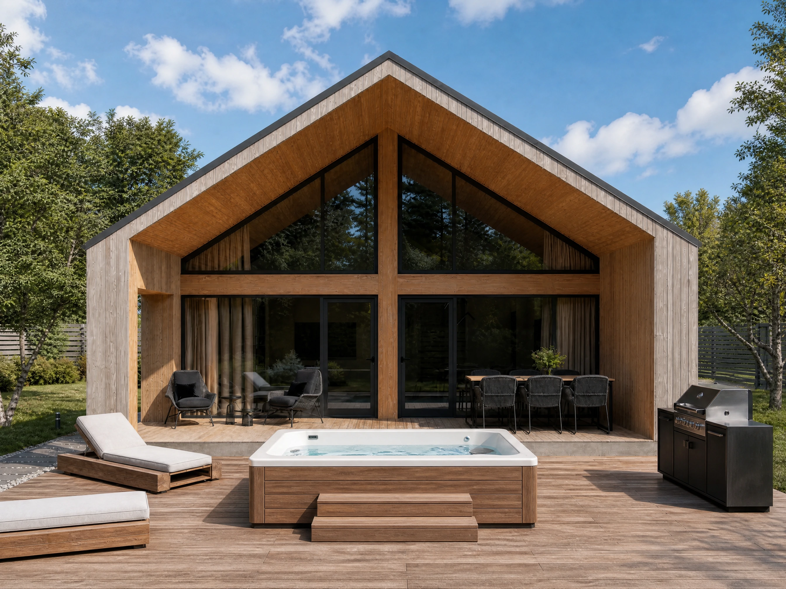 Visualisierung des Grand Chalets am Tag mit Terrasse, Whirlpool und Grill