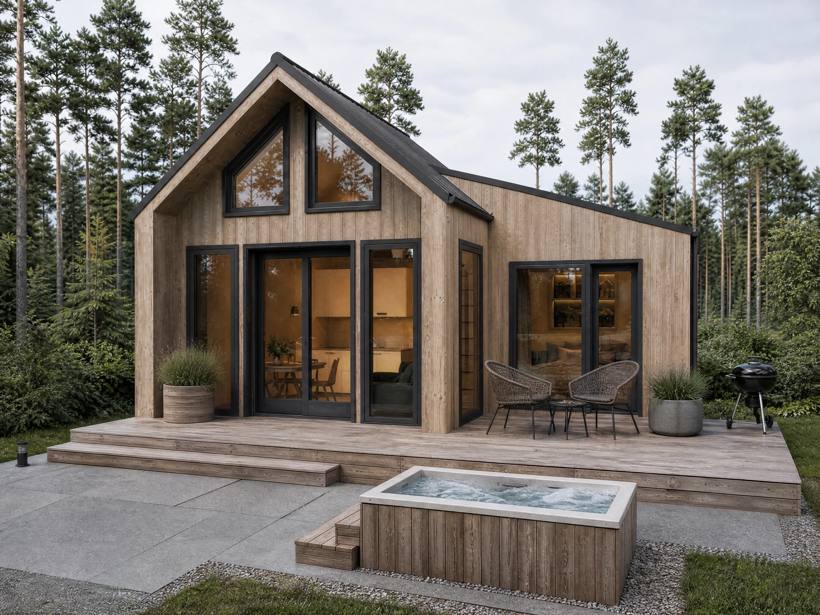 Visualisierung des Panorama Chalets am Tag mit Whirlpool und Grill