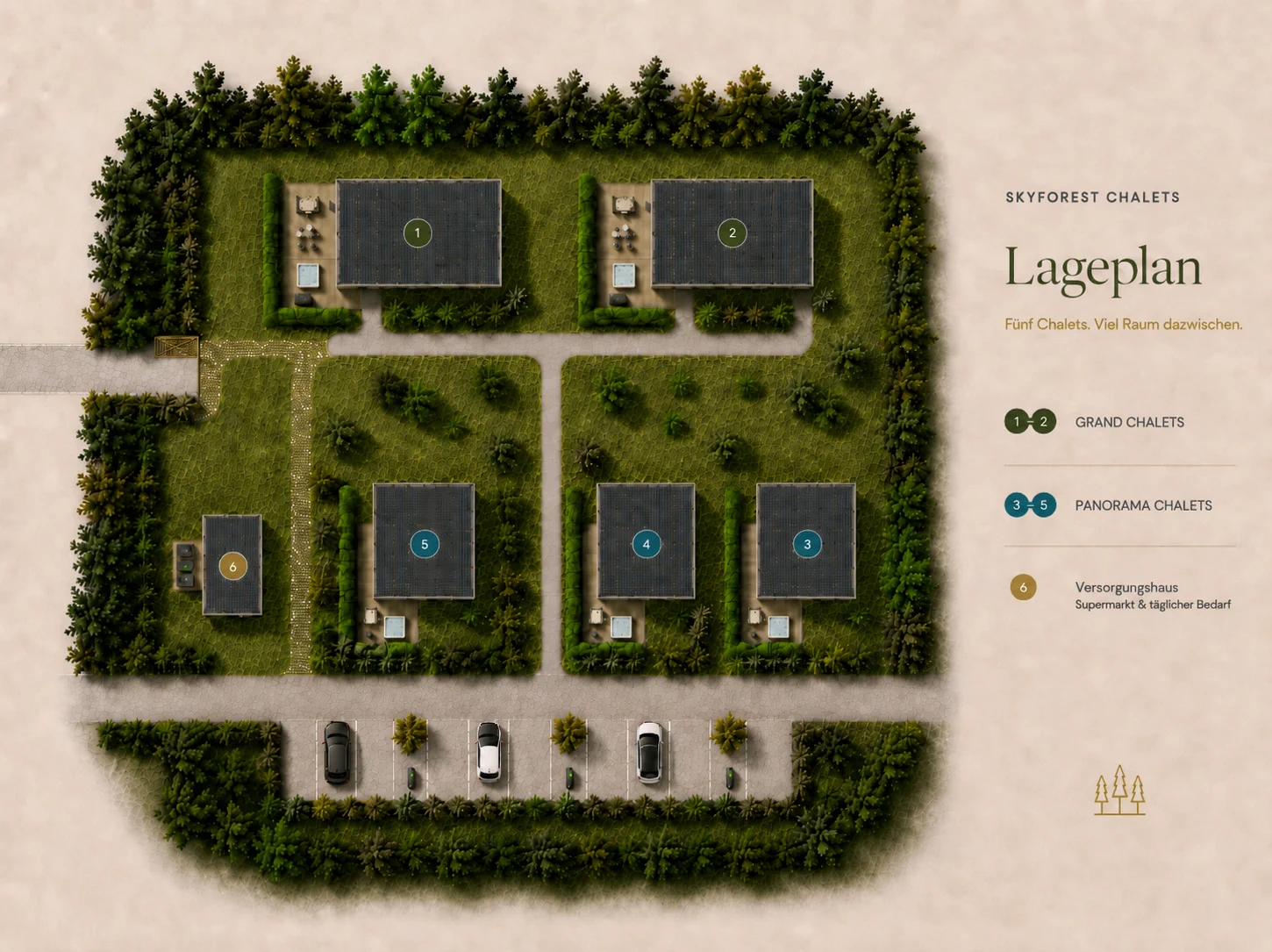 Lageplan mit zwei Grand Chalets, drei Panorama Chalets, Versorgungshaus, Parkplätzen und Ladepunkten